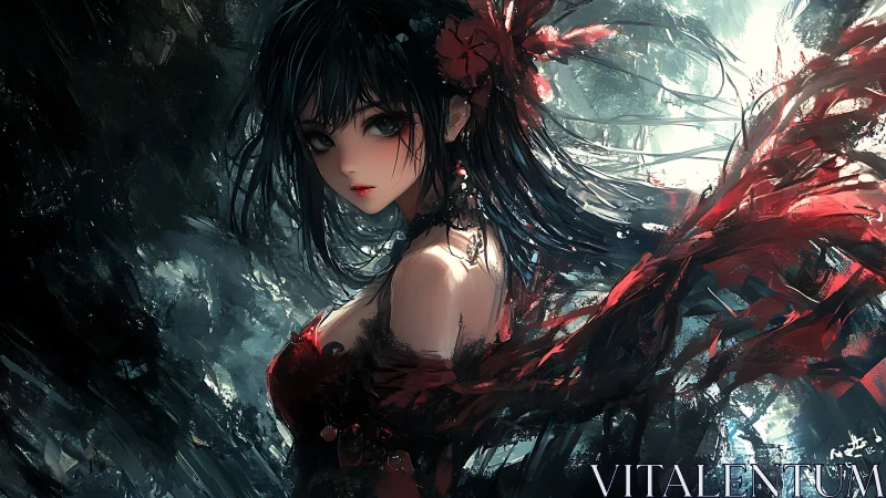 Dark haired anime woman in red dress stands amid abstract motion