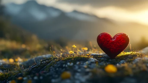 Red heart object positioned on moss-covered stone with mountain landscape