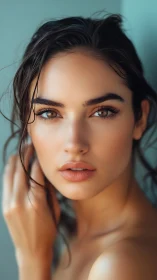 Sunlit portrait of a serene woman with luminous eyes.