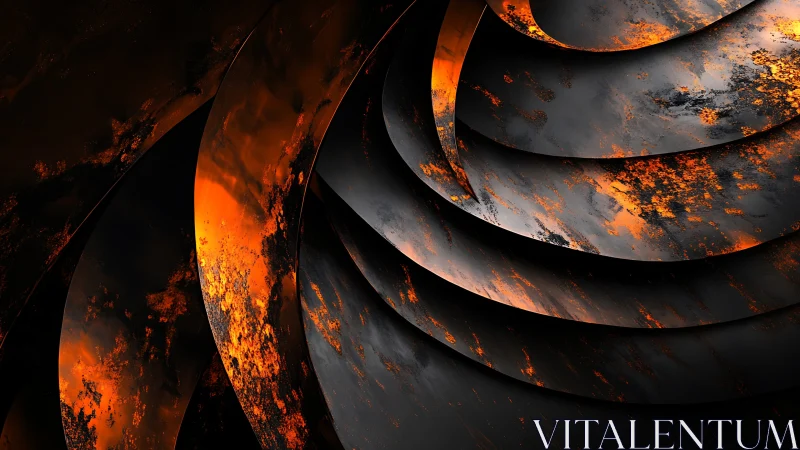 Glowing molten spirals curling through darkened metal.