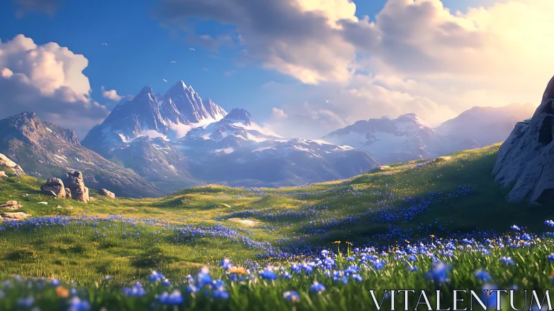 Sunlit alpine meadow below towering snowcapped peaks.