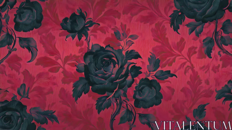 Deep teal roses on crimson damask floral background design.