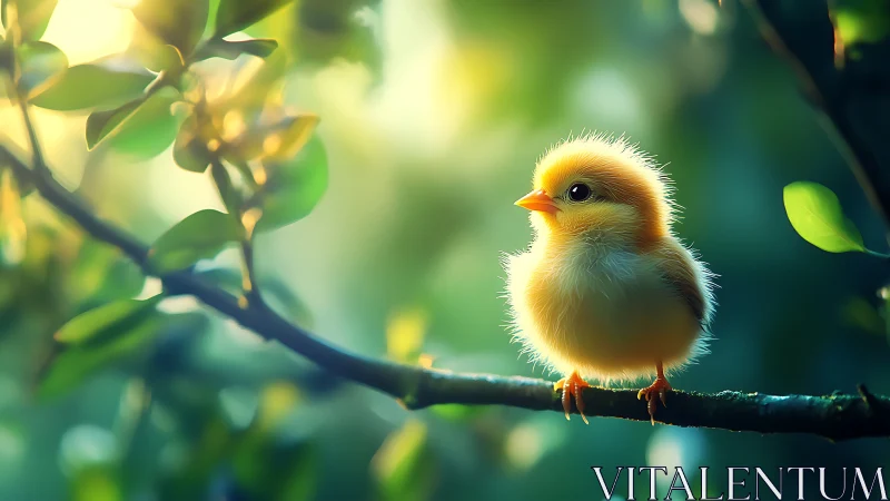 Tiny golden chick basking in soft morning forest light.