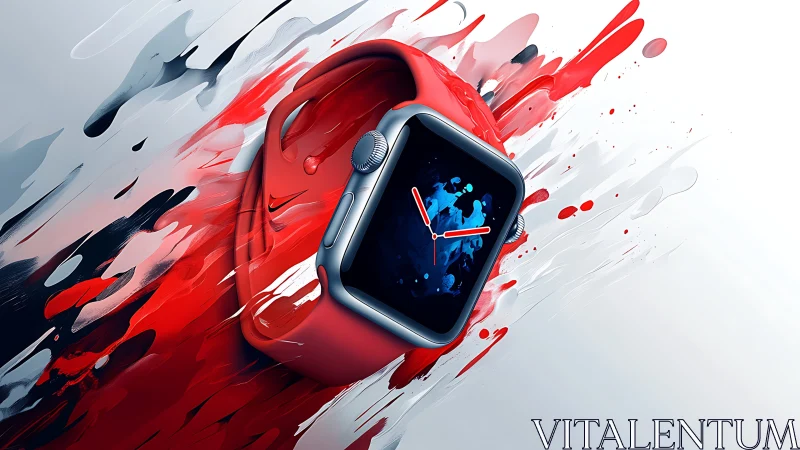 3D product render of red smartwatch with dynamic paint streaks.