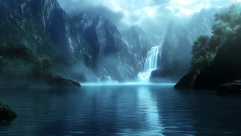 Mystic mountain waterfall descends into misty reflective lake