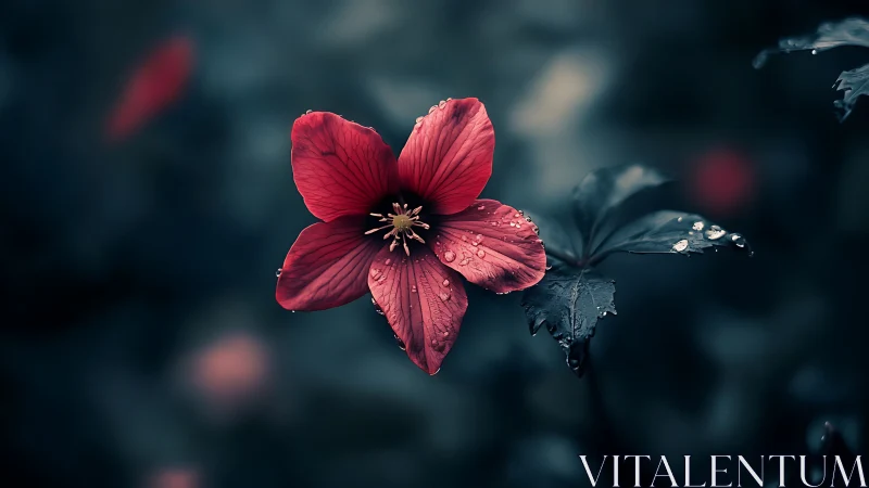 Red Flower Emerges Through Misty Garden Backdrop with Dew Drops