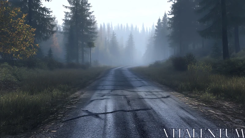 Photorealistic misty forest road with deep linear perspective.