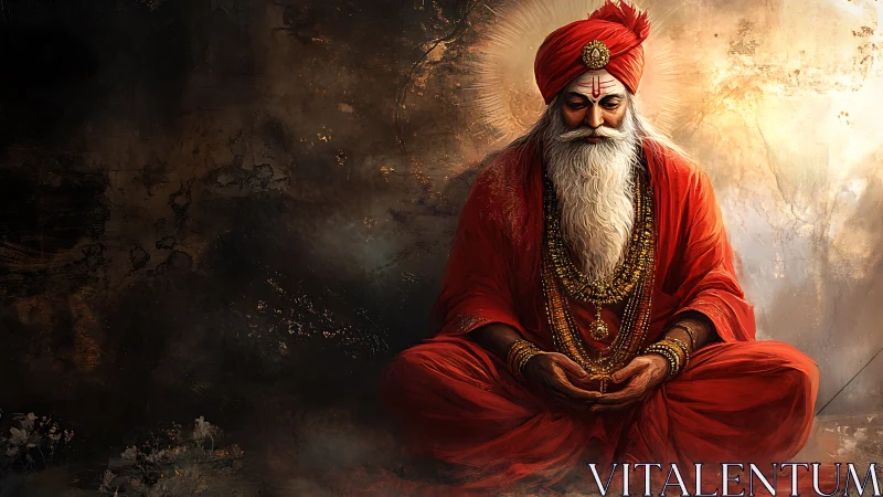 Meditating sage in red robes radiates calm spiritual focus