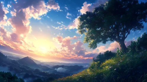 Sunlit valley landscape shows distant hills and lone tree