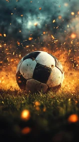 Weathered soccer ball ignites amid sparks and storm clouds.