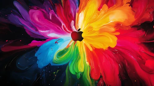 Radial explosion of multicolor paint around black symbol.