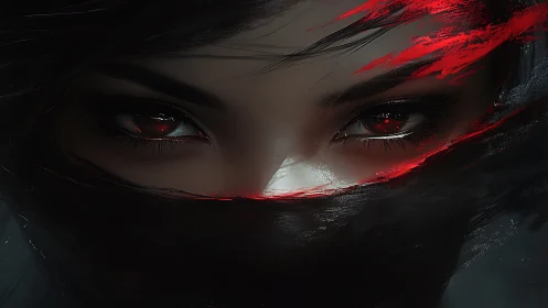 Mysterious masked gaze glowing with bold crimson light.