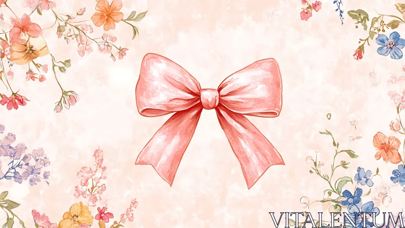 Watercolor Floral Composition with Central Pink Ribbon Bow and Botanical Border Elements