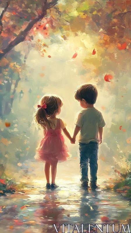 Two Children Hold Hands Under Falling Autumn Leaves