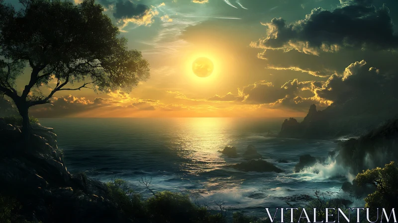 Celestial seascape under eclipsed sun over rugged coastline.