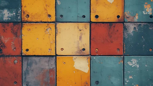 Weathered metal panels form a gridded industrial color study