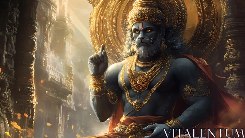 Lion-faced blue deity seated before radiant temple halo