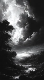 Storm-lit monochrome valley opens beneath dramatic clouds.