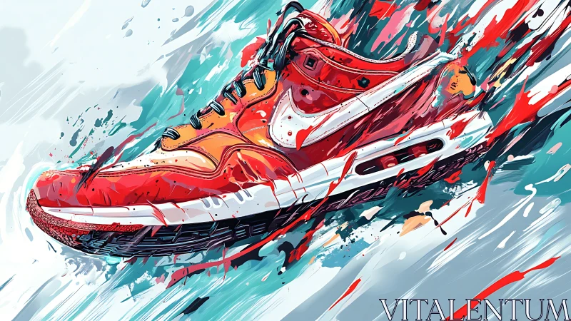 Red running sneaker explodes through dynamic paint streaks