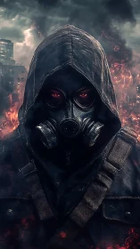 Hooded survivor in a burning city of smoke and embers.