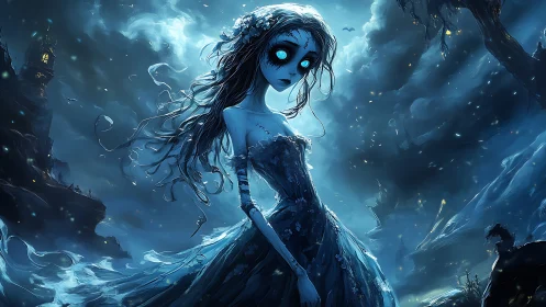Gothic undead bride rendered in moody cyan digital painting