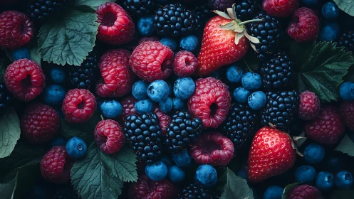 Mixed berries glisten in a richly colored, moody still life.