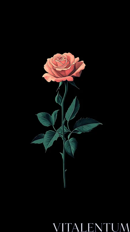 Coral Rose on Black Background with Green Stem and Leaves