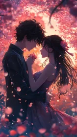 Lovers embrace tenderly beneath glowing cherry blossoms