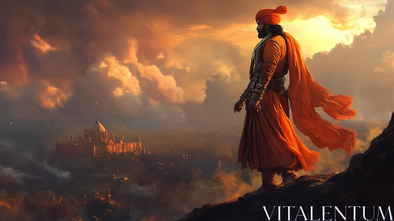 Warrior in orange robes overlooking distant palace at dusk.
