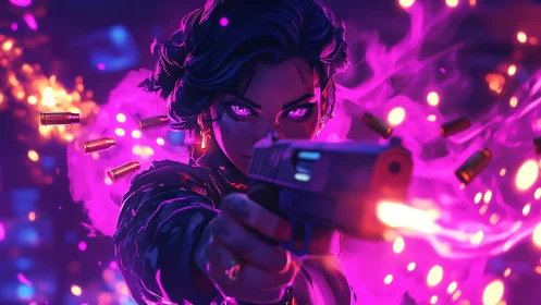 Intense gunfight scene with glowing purple energy effects.