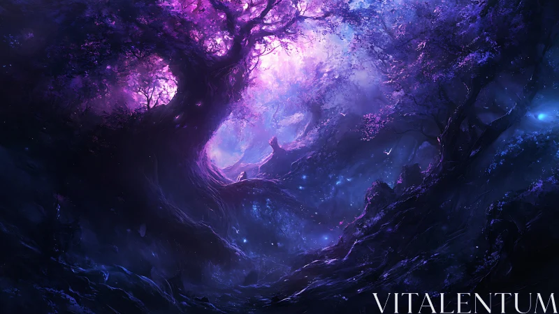Enchanted violet forest glows around towering twisted tree