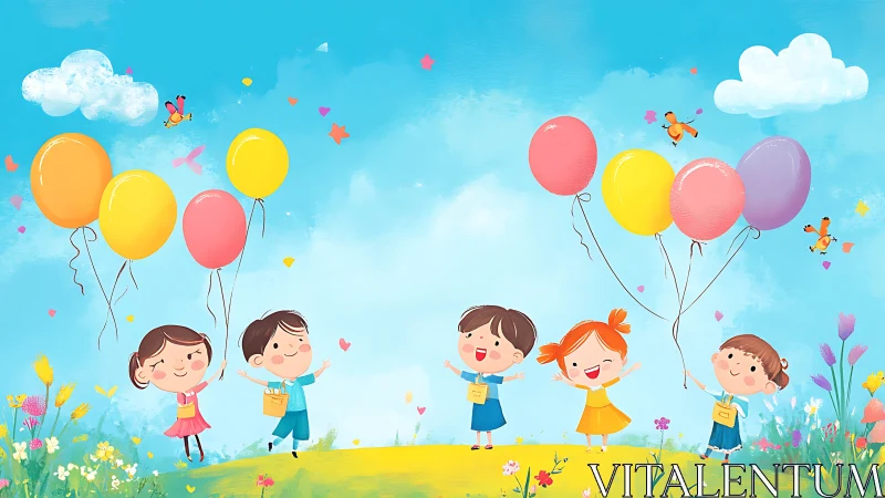 Children Celebrating Outdoors with Colorful Balloons