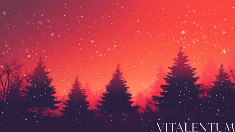 Snowfall over dark pine forest at vivid red sunset.