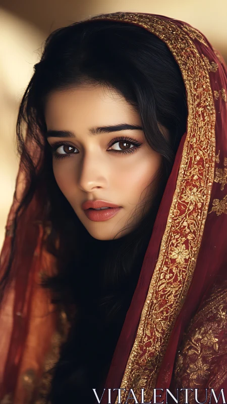 Portrait shows woman in embroidered red veil facing camera