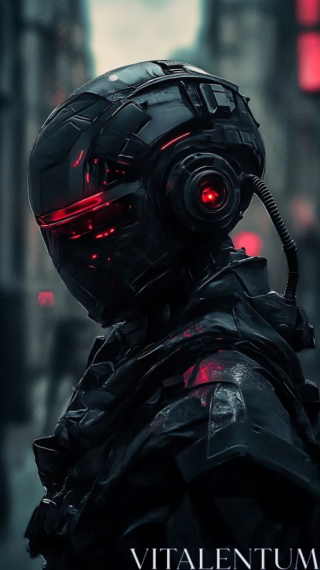 Midnight cybernetic sentry glows softly in neon rain