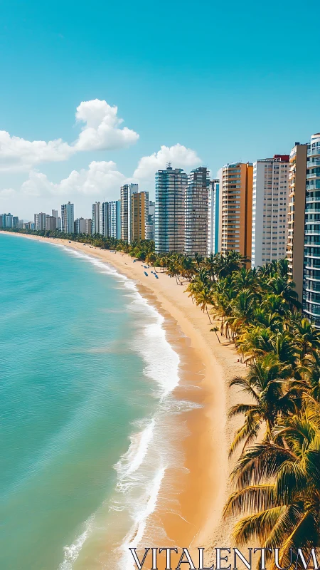 Sunlit oceanfront towers beside a calm palm-lined shoreline.