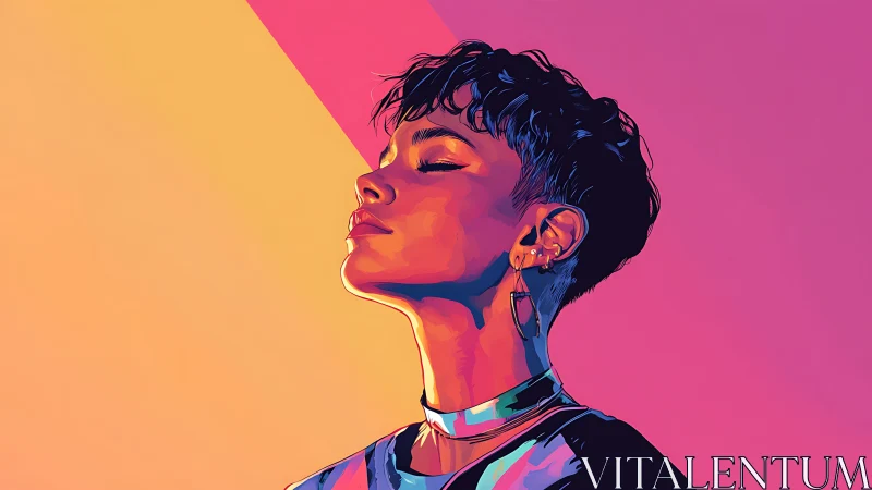 Profile portrait shows stylized person in bold neon colors