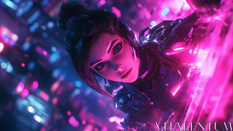 Cybernetic heroine dives through neon-lit digital chaos.