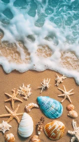 Foam-damped shoreline with taxonomic seashell and starfish array.