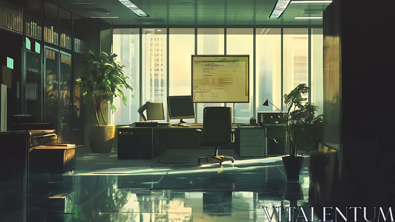 Sunlit modern office workstation overlooks bright city skyline