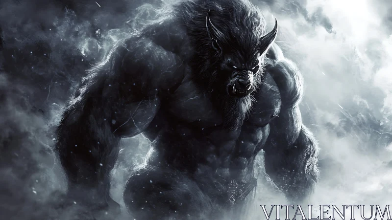 Storm-wreathed werewolf titan amid icy spectral fog.