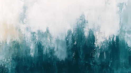 Abstract teal and white landscape painting with textured brush strokes.