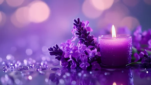 Lavender aromatherapy candle with bokeh-lit reflective surface