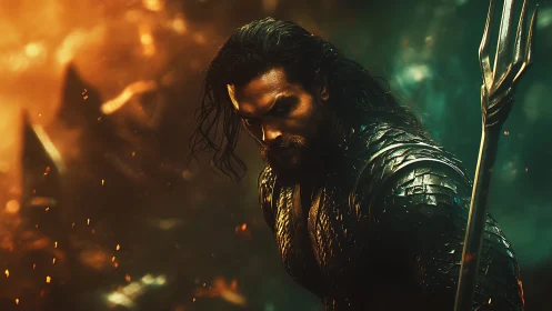 Storm-lit sea warrior pausing between fire and ocean calm.