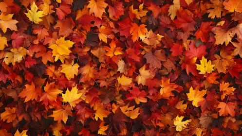 Autumn maple leaves forming dense colorful forest carpet.