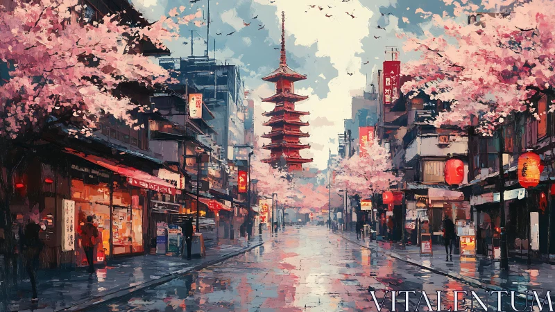 Rain-slicked Tokyo street with pagoda, cherry blossoms and neon