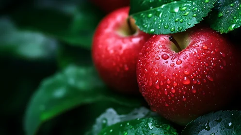Fresh red apples with water droplets in dark green leaves.