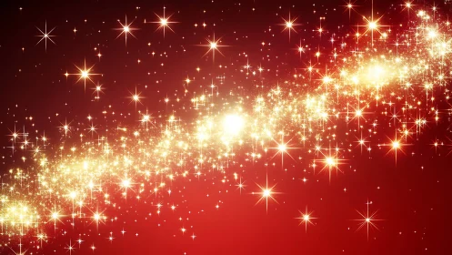 Golden starfield stream curves across deep red space