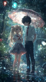 Anime students sharing umbrella on rainy night street.