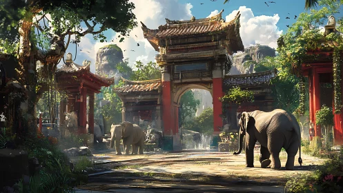 Elephants traversing sunlit Sino-architectural jungle courtyard.